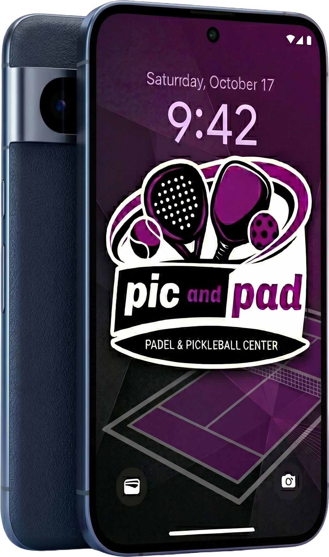 Smartphone-Display mit Logo des &bdquo;pic and pad&ldquo; Padel- und Pickleball-Centers und Datum, Uhrzeit sowie Sportmotiven.