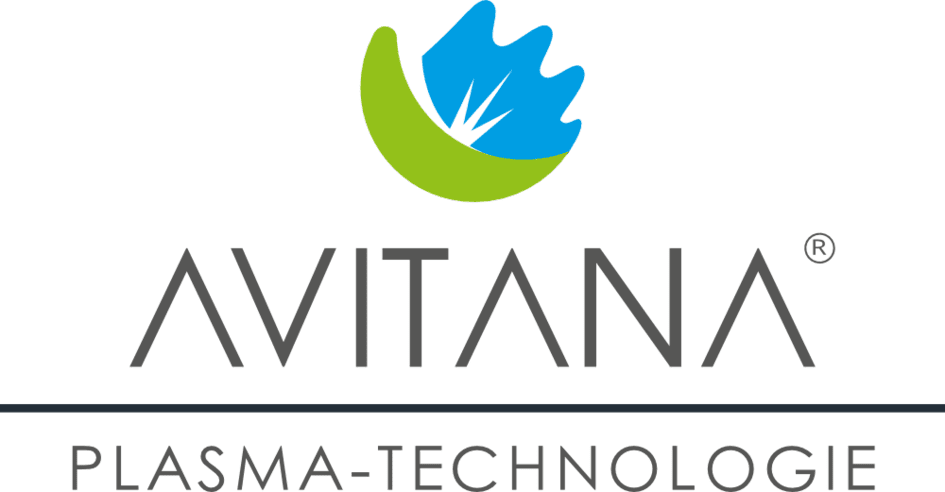 Logo von AVITANA mit stilisiertem Blatt in Blau und Gr&uuml;n, darunter steht "PLASMA-TECHNOLOGIE" in Schwarz.