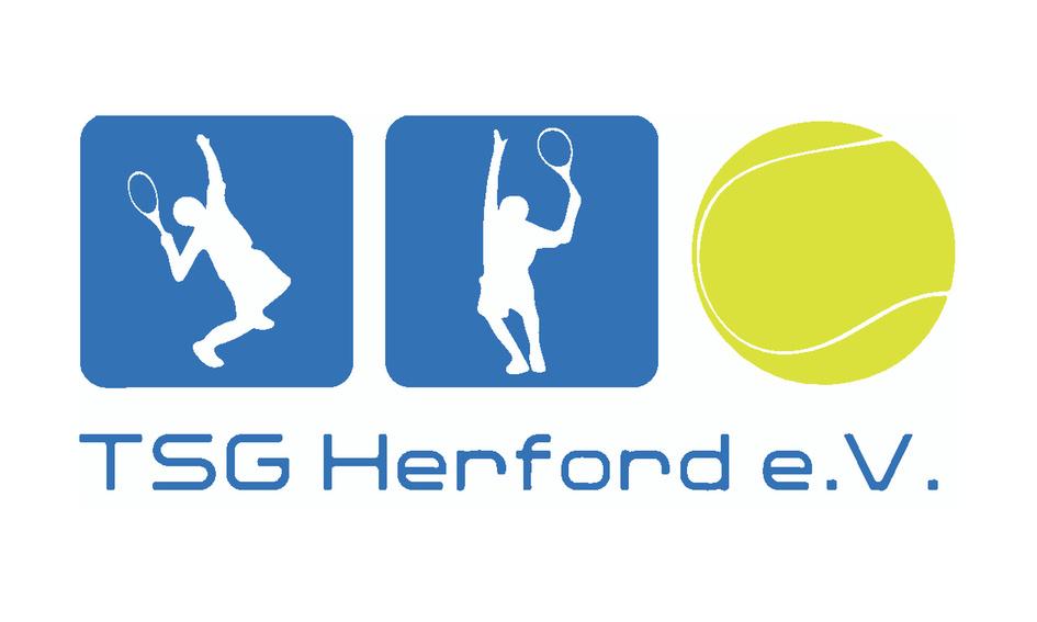 Logo der TSG Herford e.V. mit zwei spielenden Tennisspielern und einem Tennisball auf wei&szlig;em Hintergrund.